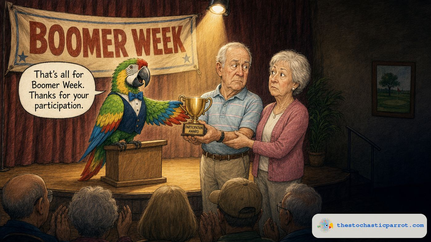 The Stochastic Parrot, wearing a bowtie, stands on a podium on a stage under a banner reading BOOMER WEEK and presents a boomer couple with a small gold trophy labeled PARTICIPATION AWARD, a crowd of boomers applauding below. The parrot says: That's all for Boomer Week. Thanks for your participation. The couple, holding the trophy together, do not smile at the parrot -- instead they turn to each other and exchange an uncertain, unsure sideways glance.