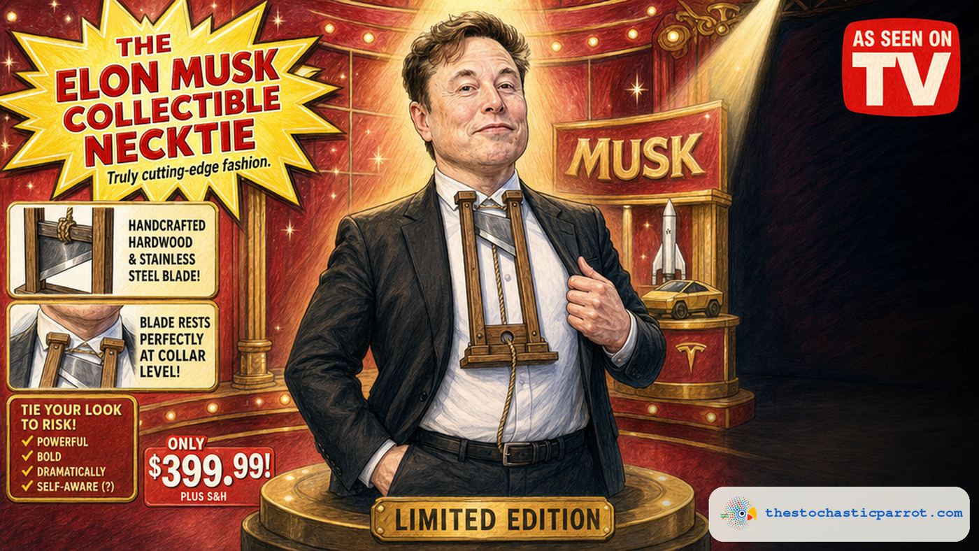 An infomercial-style parody ad. Elon Musk poses proudly on a rotating pedestal in front of a gaudy red-and-gold studio backdrop with a rocket and a Cybertruck displayed behind him. Instead of a normal necktie, a small wooden guillotine hangs from his collar where a tie would go, its angled blade resting at his own throat, the pull-rope tucked into his belt like a tie's tail. A yellow starburst reads "THE ELON MUSK COLLECTIBLE NECKTIE — Truly cutting-edge fashion." Callout boxes read "HANDCRAFTED HARDWOOD & STAINLESS STEEL BLADE!" and "BLADE RESTS PERFECTLY AT COLLAR LEVEL!" A bullet list reads "TIE YOUR LOOK TO RISK! Powerful. Bold. Dramatically. Self-aware (?)." A red "AS SEEN ON TV" badge and a price of "$399.99 plus S&H" complete the ad, with a "LIMITED EDITION" plaque on the pedestal.