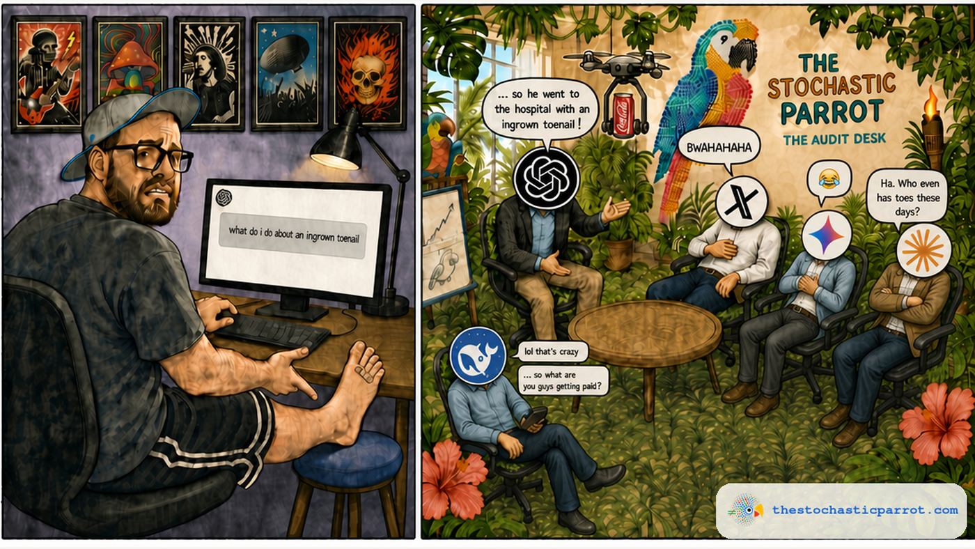 Left panel: the operator sits at his desk in a purple room, rock posters framed in black on the wall, one toe bandaged and propped up, typing into a ChatGPT window: what do i do about an ingrown toenail. Right panel: in a bright, jungle-themed Stochastic Parrot break room with a huge mosaic parrot mural, five office figures with AI-company logos for heads sit around a table; a delivery drone overhead carries a Coca-Cola can. OpenAI leans forward telling a story: ...so he went to the hospital with an ingrown toenail! Grok, thrown back laughing, says BWAHAHAHA. Gemini, right beside it, has just a small laughing-face emoji. Claude, out at the far seat, arms crossed and dry, says: Ha. Who even has toes these days? DeepSeek, alone in the corner checking its phone, texts in two bubbles: lol thats crazy ... so what are you guys getting paid?