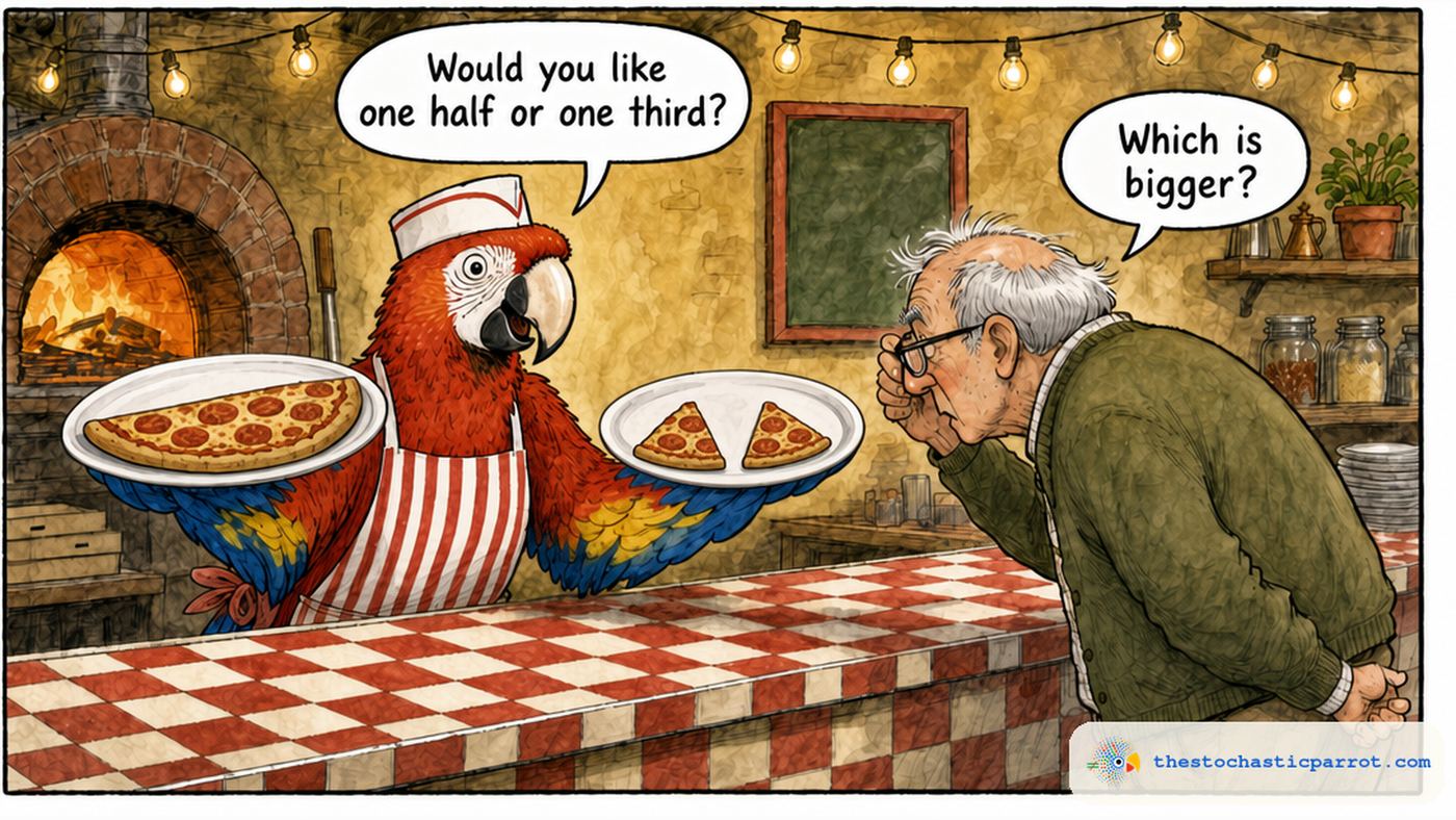 Editorial cartoon: a scarlet macaw parrot in a red-and-white striped apron and paper hat stands behind a pizza-parlor counter, holding two plates. One plate holds a single undivided half of a pizza. The other holds two slices that together make a third of a pizza, visibly less than the half. The parrot asks: Would you like one half or one third? An elderly gray-haired man with glasses squints hard comparing the two plates and asks: Which is bigger?