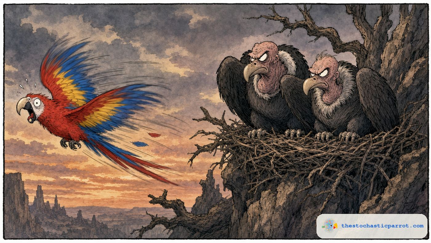 Editorial cartoon: a scarlet macaw parrot flees in a panic, wings thrown wide and feathers scattering, from a rocky cliffside nest where two vultures, drawn as a glaring married couple, watch him go with narrowed, hostile eyes.