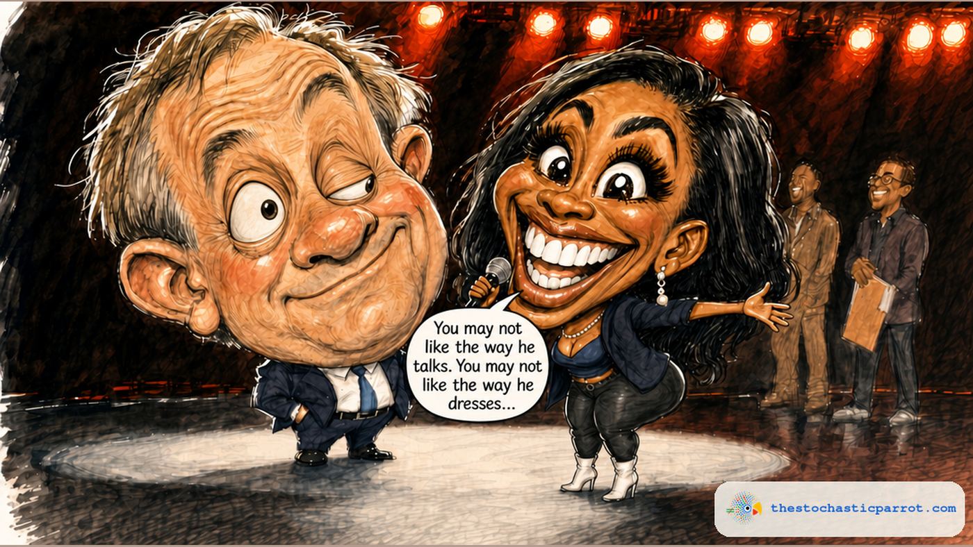 Editorial cartoon: a caricature of Rep. Jasmine Crockett in red concert-stage lighting, gesturing admiringly with a microphone toward a caricature of Texas Attorney General Ken Paxton, drawn with an exaggerated wandering lazy eye. Her speech balloon reads: "You may not like the way he talks. You may not like the way he dresses..."