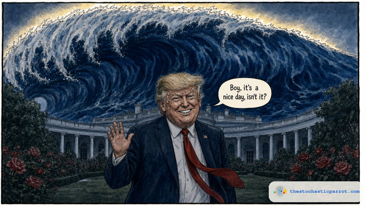 Editorial cartoon: Donald Trump stands nervously sweating in the White House Rose Garden, giving a stiff wave, while a colossal blue tidal wave looms overhead, cresting over the White House colonnade and blocking the sun, casting him and the garden in deep shadow. His speech balloon reads: "Boy, it's a nice day, isn't it?"