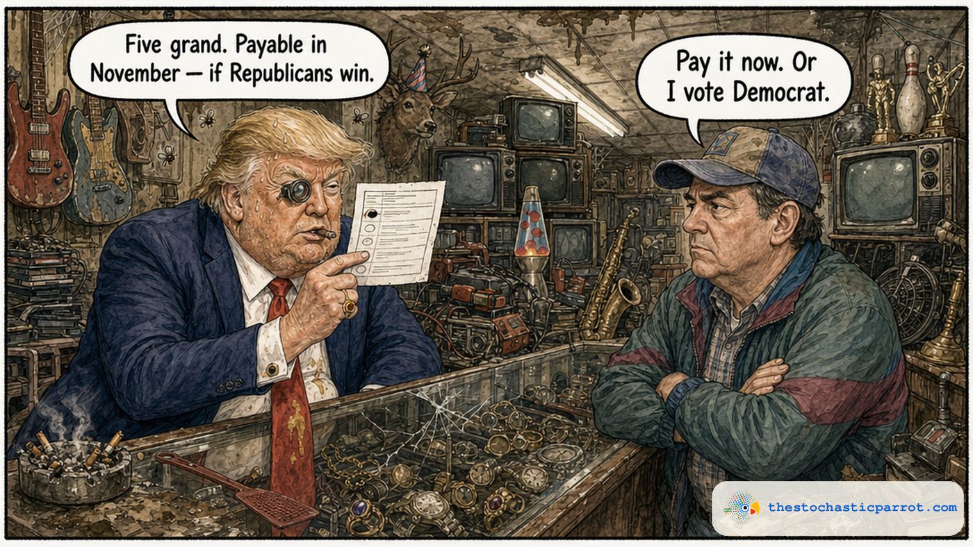 A grimy, cluttered pawn shop. Donald Trump, sweaty, cigar in mouth, a jeweler's loupe in one eye, holds up a paper ballot a customer has brought in and says: "Five grand. Payable in November — if Republicans win." The customer, a tired everyman in a ball cap with his arms crossed, replies: "Pay it now. Or I vote Democrat."