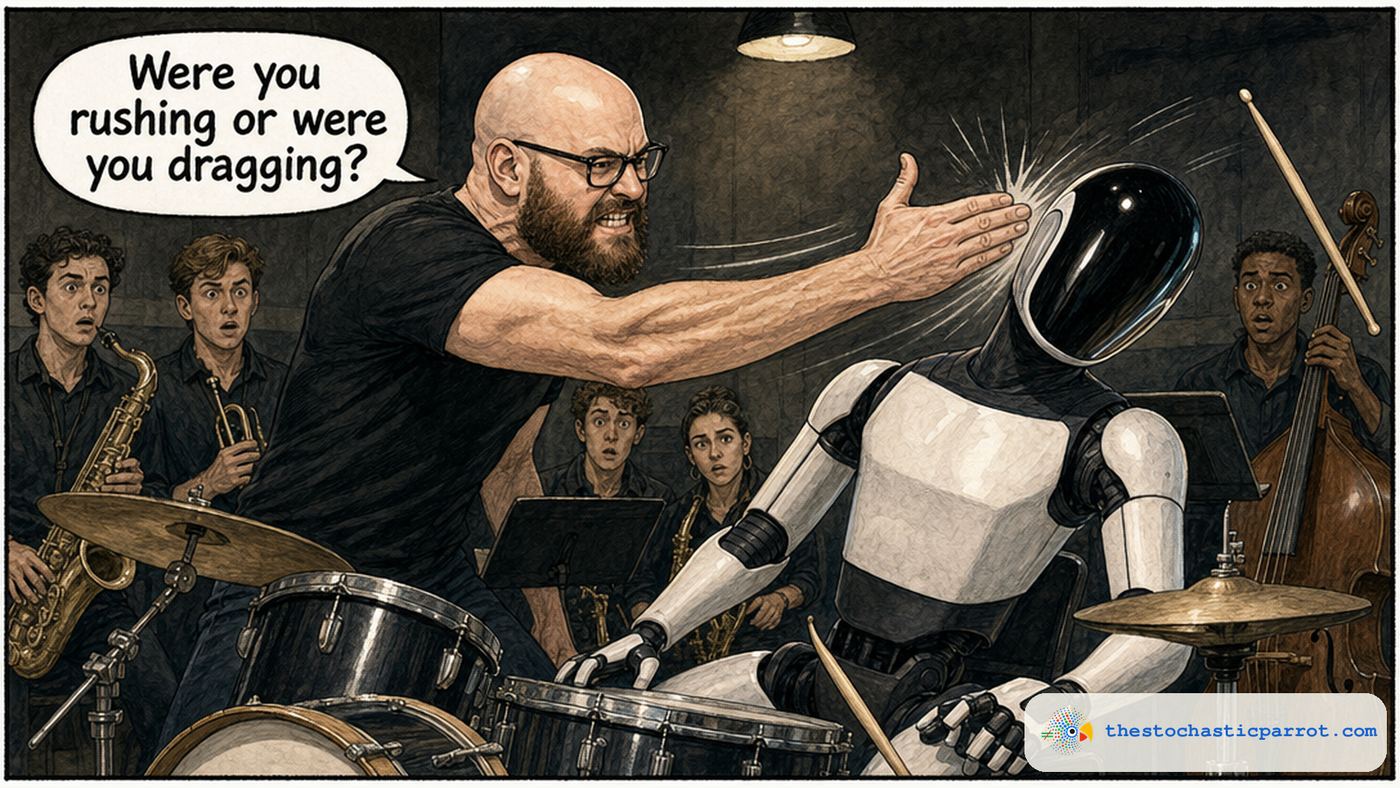 A parody of the slap scene from the movie Whiplash. A furious bald, bearded man in glasses and a black T-shirt slaps a Tesla Optimus humanoid robot sitting behind a drum kit, knocking its black visor sideways while a drumstick flies and the jazz band stares in shock. He shouts: "Were you rushing or were you dragging?"