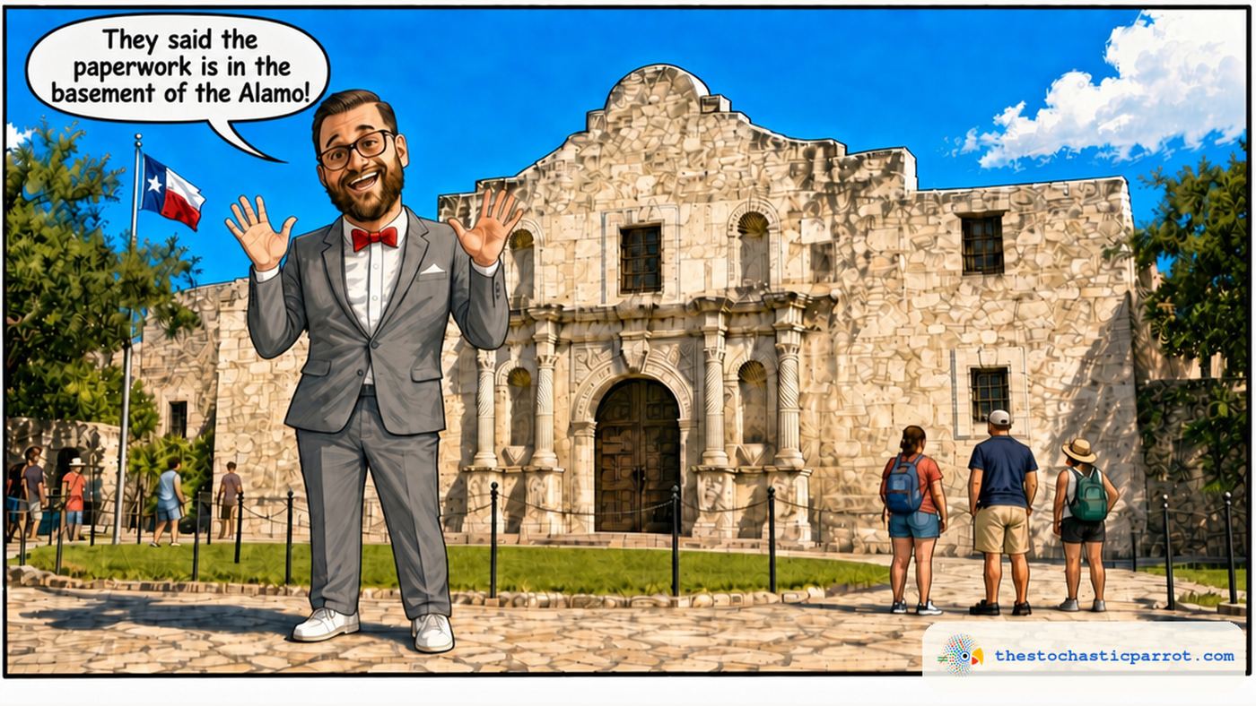 Editorial cartoon: a bearded man dressed as Pee-wee Herman, gray suit, red bow tie, slicked side-parted hair, stands excitedly in front of the real Alamo in San Antonio, Texas, arms raised. His speech balloon reads: "They said the paperwork is in the basement of the Alamo!"