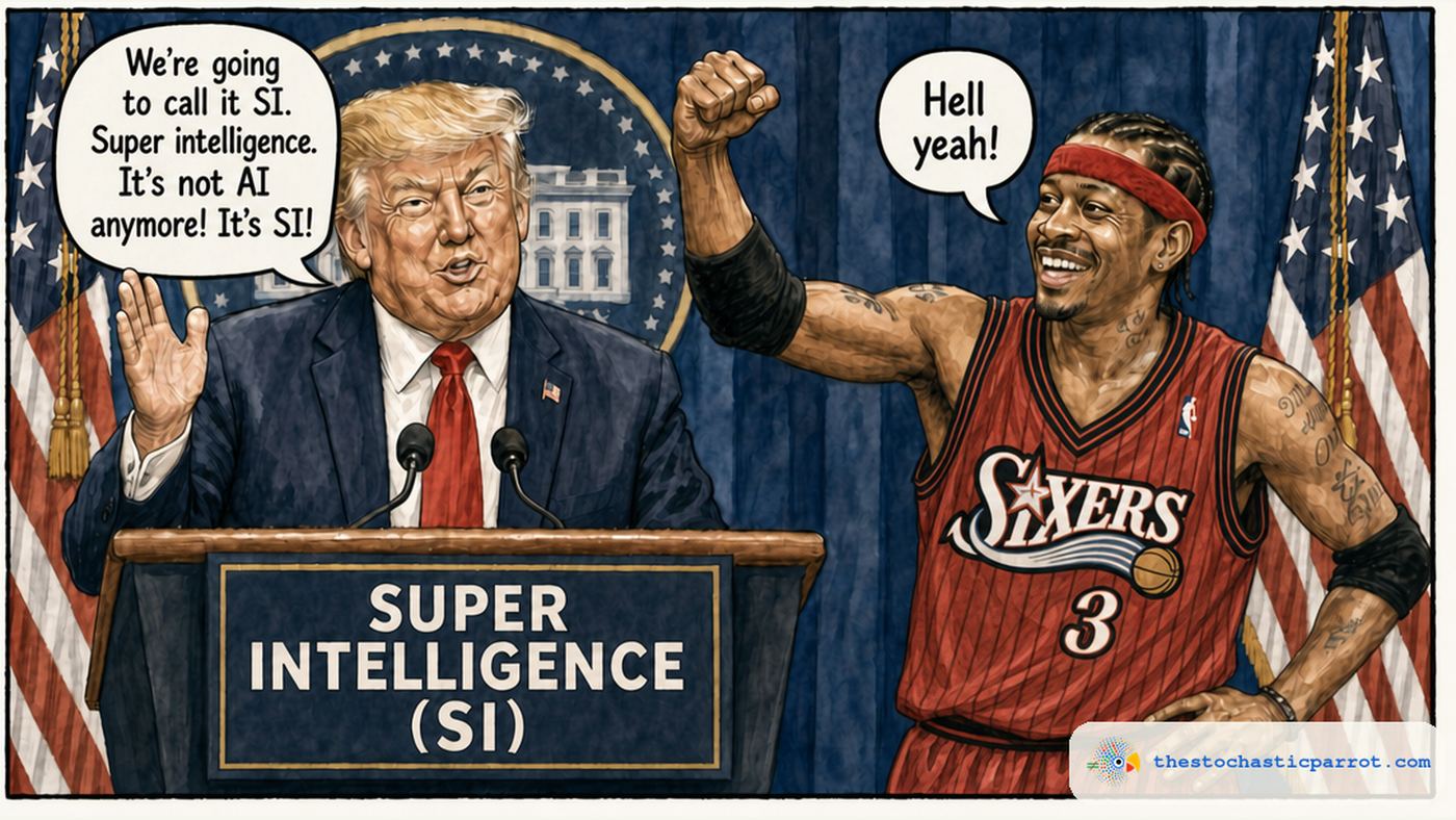 Editorial cartoon: Donald Trump at a White House podium reading "SUPER INTELLIGENCE (SI)," saying: "We're going to call it SI. Super intelligence. It's not AI anymore! It's SI!" Beside him, Allen Iverson in his 1990s red pinstriped Philadelphia 76ers rookie jersey pumps his fist and says: "Hell yeah!"