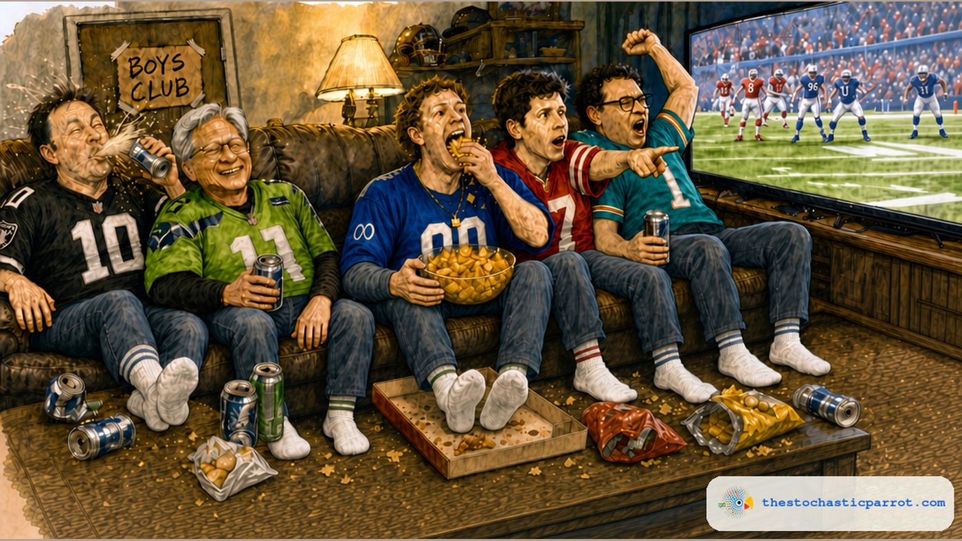 Editorial cartoon: five tech CEOs crammed on a couch watching football in a messy living room with a "BOYS CLUB" sign taped to the door. From left: Elon Musk in a black Raiders jersey doing a beer spit-take, Jensen Huang in green holding a beer, Mark Zuckerberg in blue eating from a bowl of chips, Sam Altman in red, and Dario Amodei in teal pointing excitedly at the TV. Beer cans, pizza boxes, and chip bags litter the coffee table.