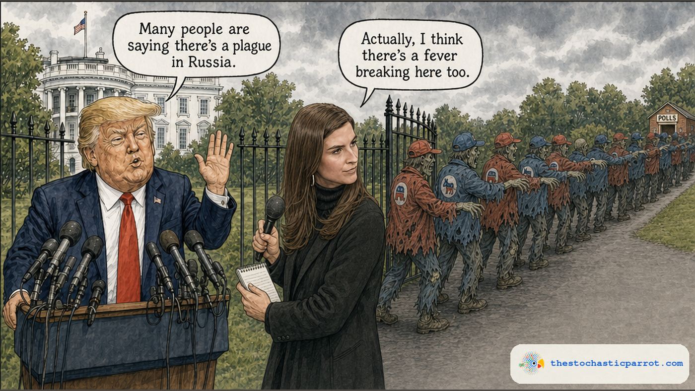 Editorial cartoon: at a White House press gaggle, Donald Trump raises a hand at a lectern of microphones and says, "Many people are saying there's a plague in Russia." CNN reporter Kaitlan Collins, holding a notepad and microphone, glances back over her shoulder and answers, "Actually, I think there's a fever breaking here too." Beyond the open gate, a long line of walking-dead zombies in tattered Democratic-blue and Republican-red jackets, with donkey and elephant emblems on their backs, shambles together toward a brick building marked POLLS.