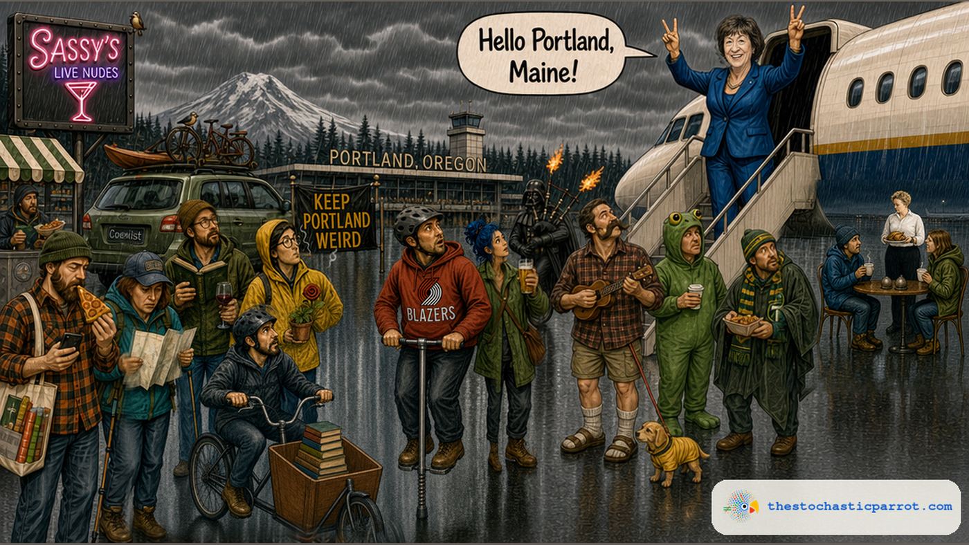 Editorial cartoon in ink and watercolor on a rainy airport apron in Portland, Oregon, under a gray sky with snow-capped Mount Hood behind the terminal. Sen. Susan Collins stands in an airplane doorway in a blue suit, both arms up making peace signs like Richard Nixon, and a speech balloon says: Hello Portland, Maine! Below her, a crowd of puzzled Portlanders goes about its day: a man in flannel eating pizza, a hiker with a map, a person smoking a joint, a cargo-bike rider, a man in a Trail Blazers hoodie bouncing on a pogo stick, a blue-haired woman with a pint of beer, a man with a waxed mustache playing a ukulele with a dog in a rain jacket, a person in a frog costume, a Timbers fan, Darth Vader playing flaming bagpipes on a unicycle, and two people having coffee while a waitress stands over their table holding a plate with a whole roast chicken. A neon sign reads Sassy's Live Nudes and a banner reads Keep Portland Weird. Satire; the quoted line is invented.