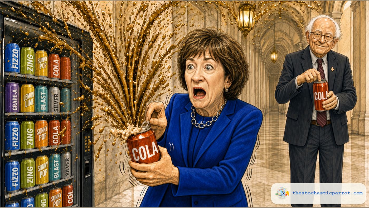 Editorial cartoon in ink and watercolor set in a marble Capitol hallway. At left, a vending machine stocked with invented soda brands. Center, Sen. Susan Collins, in a blue jacket, recoils in horror as a shaken can of COLA erupts in a huge spray. At right, Sen. Bernie Sanders smiles calmly as he opens his own can of COLA, and nothing happens. Satire; no dialogue.