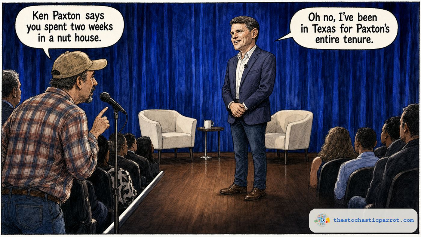 Editorial cartoon in ink and watercolor of a televised town hall on a stage with a blue velvet curtain and two white armchairs. At center right, Texas Senate candidate James Talarico stands in a navy blazer and open collar, hands clasped, smiling innocently. At left, a voter in a plaid shirt and ball cap leans into a floor microphone with a raised, accusing finger. The voter's speech balloon says: Ken Paxton says you spent two weeks in a nut house. Talarico's balloon replies: Oh no, I've been in Texas for Paxton's entire tenure. Satire; the dialogue is invented.