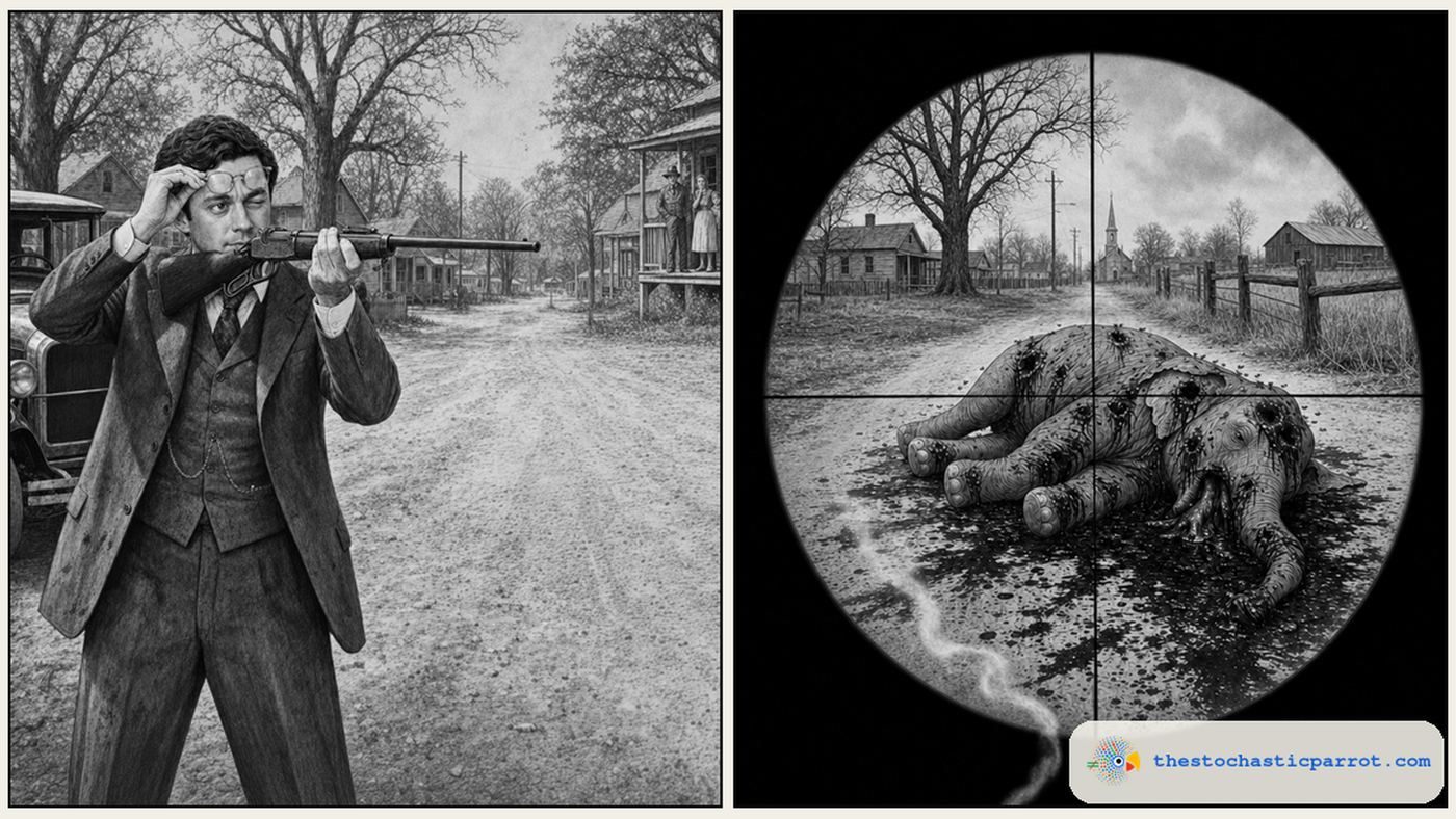 Black-and-white two-panel editorial cartoon in the style of a 1962 film still, parodying the rifle scene in To Kill a Mockingbird. Panel one: Sen. Jon Ossoff, dressed as a 1930s small-town lawyer in a three-piece suit, pushes his round glasses up with one hand and aims a lever-action rifle along a level line across an empty dirt road, with townspeople watching from a distant porch. Panel two: a view down the rifle's sights through a circular scope with crosshairs, showing a large cartoon elephant, the symbol of the Republican Party, dead on its side in the road, riddled with bullet holes in a spreading pool of blood, with flies gathering and gun smoke drifting across the lens. Graphic content. Satire; no real animal or person is depicted as harmed.