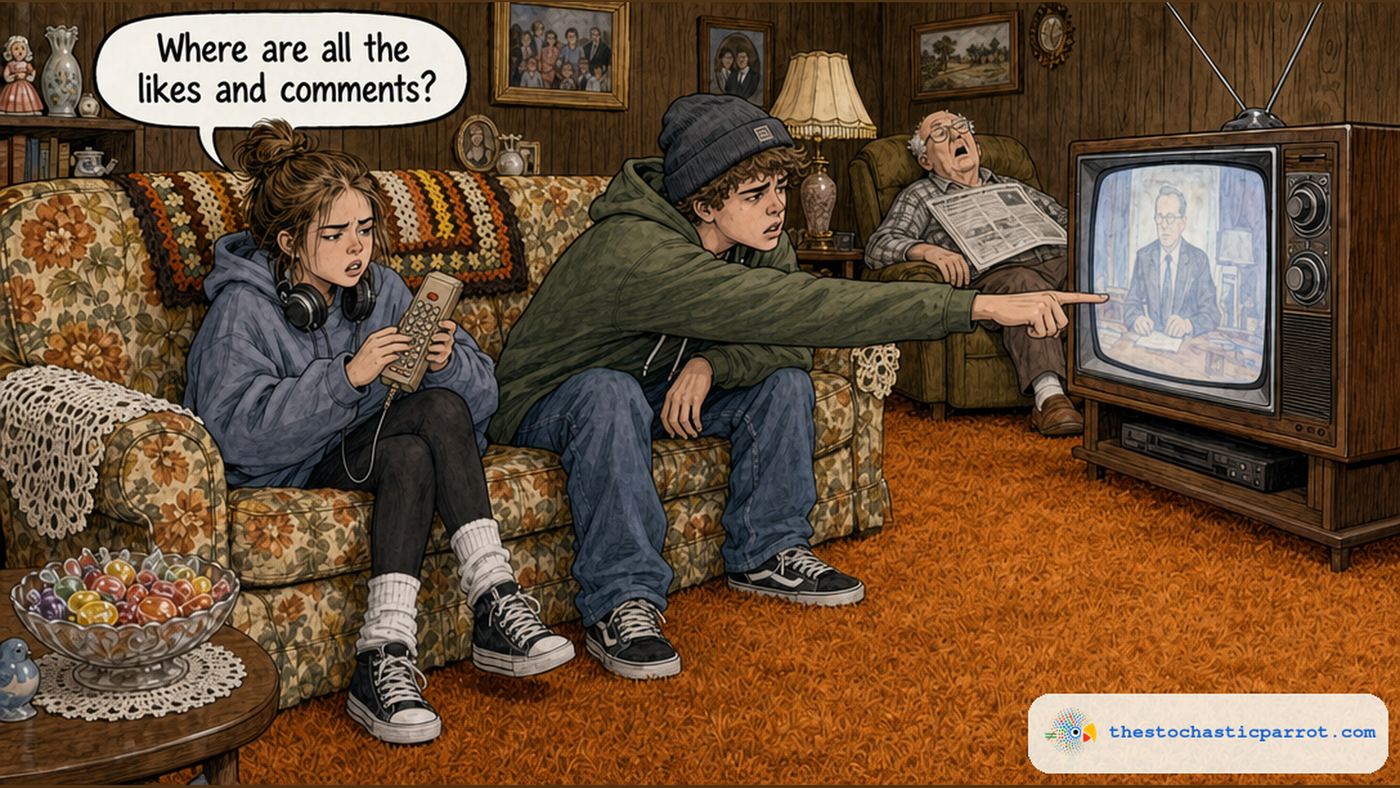 Editorial cartoon in ink and watercolor of two Gen Z teenagers on a floral couch in their boomer grandparents' wood-paneled 1980s living room, with orange shag carpet, crocheted doilies, and an old boxy CRT television with rabbit ears. A teen girl in a hoodie and headphones thumb-scrolls a chunky old TV remote as if it were a smartphone, and her speech balloon says: Where are all the likes and comments? Next to her a teen boy in a beanie leans in and pokes the TV screen with his finger as if it were a touchscreen. An elderly grandfather sleeps in a recliner in the background with a newspaper on his chest. Satire.