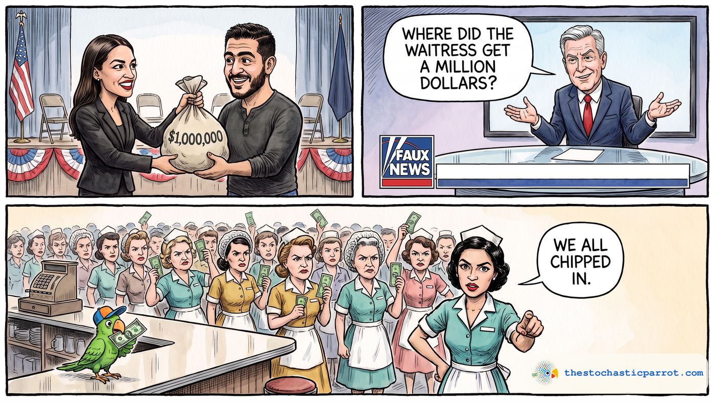 Three-panel editorial cartoon in ink and watercolour on newsprint. TOP LEFT: Rep. Alexandria Ocasio-Cortez, in a black blazer, grins as she hands a bulging canvas sack marked $1,000,000 to Abdul El-Sayed on a campaign stage with bunting, an American flag and a navy banner. TOP RIGHT: a silver-haired cable-news anchor in a navy suit sits at a glass studio desk in front of a FAUX NEWS logo, palms out, and asks: WHERE DID THE WAITRESS GET A MILLION DOLLARS? BOTTOM: a diner counter and cash register, packed row behind row with furious waitresses in aprons, hairnets and paper diner caps, every one holding up a single one-dollar bill; a green parrot in a blue and orange cap perches on the counter with a dollar in its beak, and a waitress in the foreground points at the reader and says: WE ALL CHIPPED IN. Satire; the anchor's question and the waitresses are the cartoon's invention.