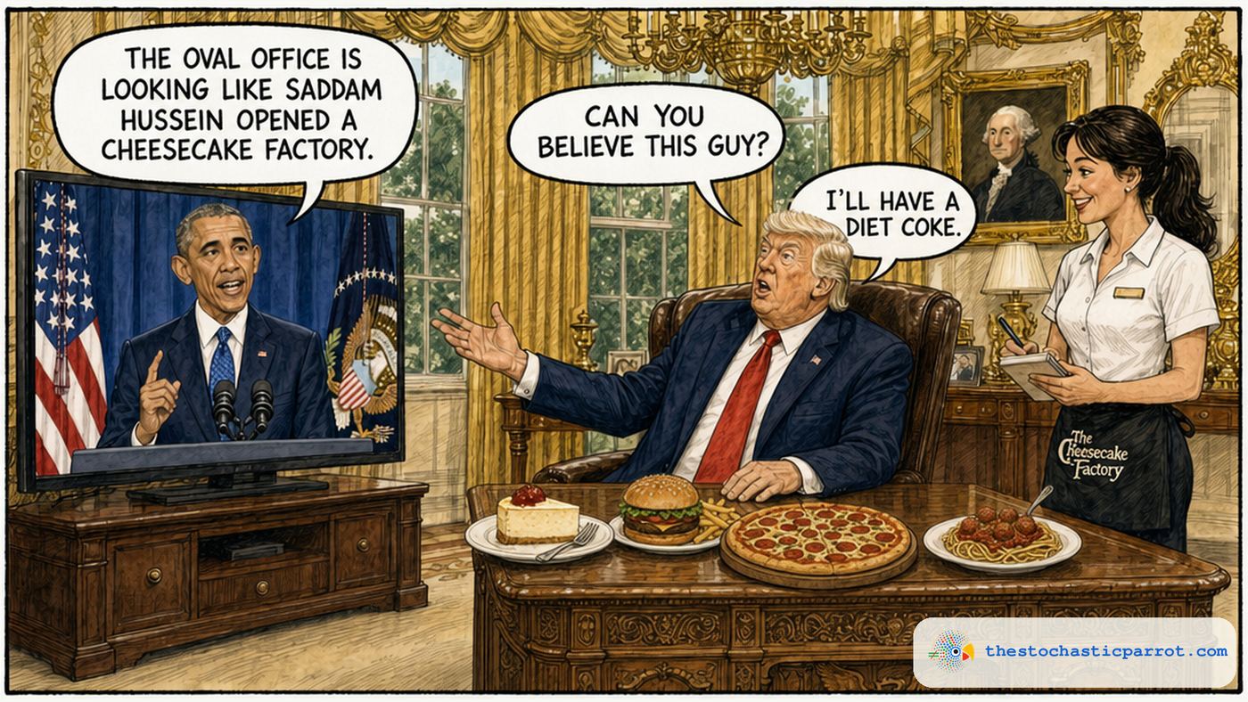 Single-panel editorial cartoon in ink and watercolour. In a gold-trimmed Oval Office, Barack Obama appears on a television at the left and says: THE OVAL OFFICE IS LOOKING LIKE SADDAM HUSSEIN OPENED A CHEESECAKE FACTORY. Donald Trump, in a navy suit and red tie, sits behind the Resolute Desk with one hand raised toward the screen and says: CAN YOU BELIEVE THIS GUY? A waitress in a black apron reading The Cheesecake Factory stands behind him taking his order; his second balloon, behind his head, says: I'LL HAVE A DIET COKE. On the desk: a slice of cheesecake, a hamburger with fries, a pepperoni pizza, and a plate of spaghetti with meatballs. Satire; the dialogue is invented.