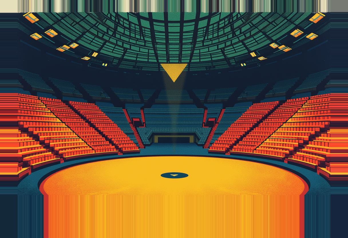 Illustration of an empty stadium with orange seating bowls, a blue domed roof, and a spotlight beaming onto a round yellow-orange stage floor.