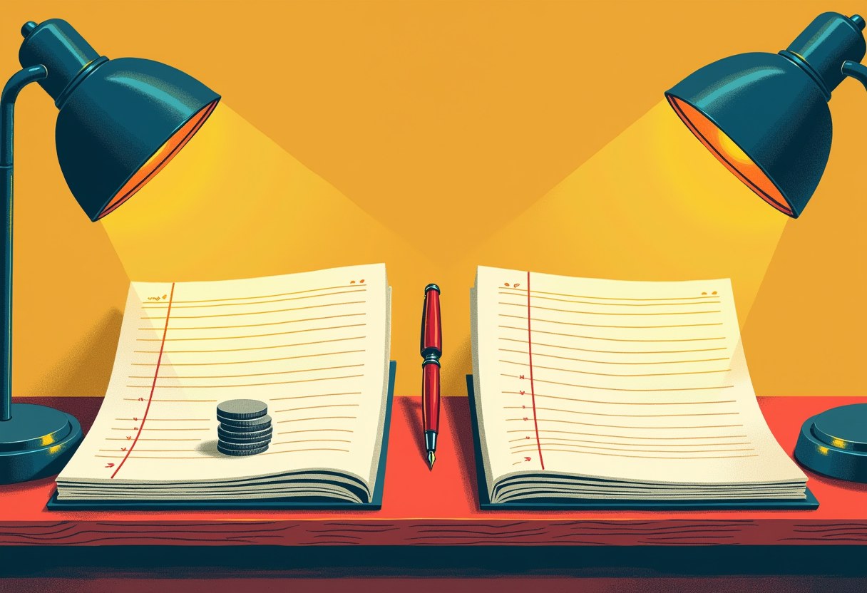 Two identical blank ledger books open side by side under mismatched desk-lamp light, a pen between them, one book with a stack of coins