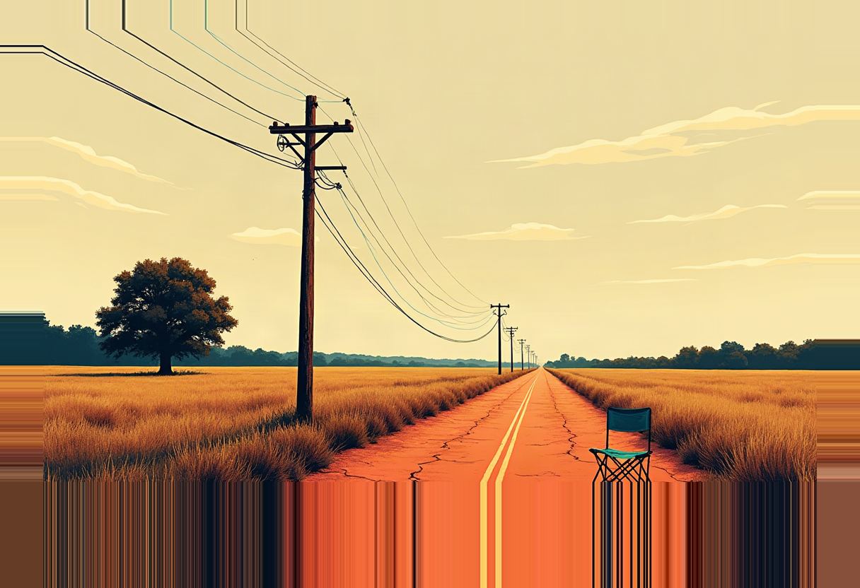 A cracked orange rural road with double yellow lines runs between golden grass fields toward a line of power poles, a lone tree on the left, and an empty teal folding camp chair at the roadside.