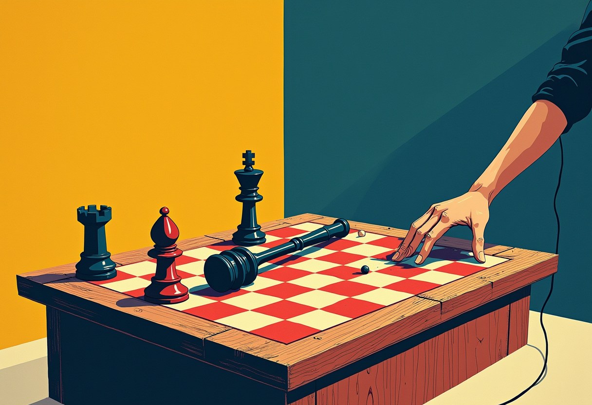 Editorial illustration of a chessboard on a judge's bench with a toppled king and a mechanical gavel standing in for the opposing king, while a human hand reaches toward one empty square apart from the board.