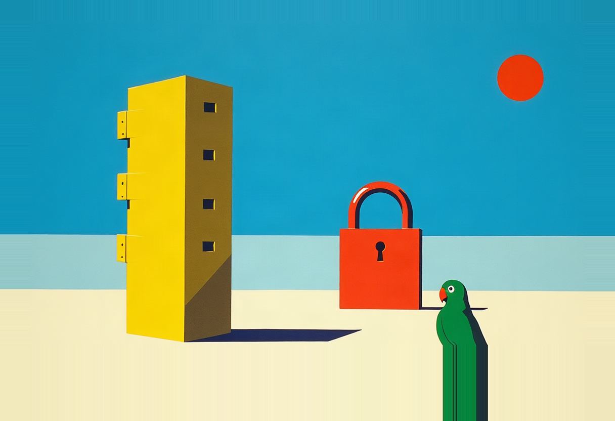 Flat-style illustration of a yellow office tower with small windows and side hinges beside a large red padlock, a green parrot in profile looking at the lock, red sun and blue sky behind.