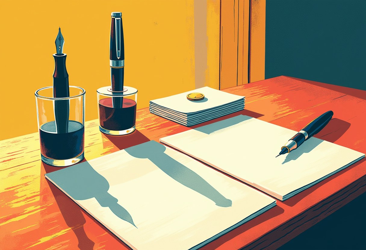Two fountain pens stand in glasses of dark ink beside stacked and open blank paper on a red table, with a third pen lying on the open page, lit in orange and yellow tones.