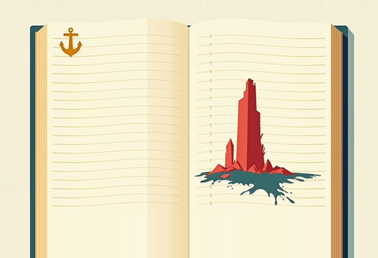 An open lined notebook with a gold anchor doodle on the left page and a jagged red mountain-like splatter rising from a dark teal ink spill on the right page.