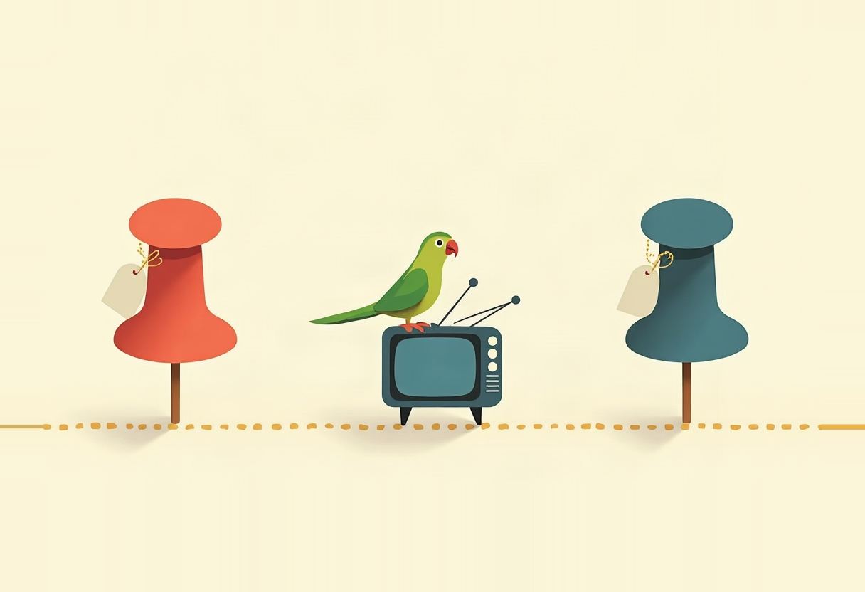 A green parrot perches on a retro TV with rabbit-ear antennas between a red and a teal pushpin, each with a tag, on a cream background split by a dotted orange line.