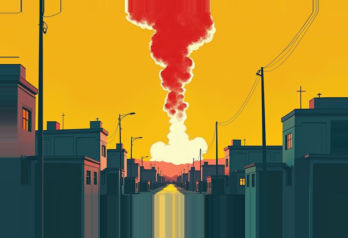A Gaza hospital compound at night under a single strike plume, the frame split into two subtly different renderings of the same scene, in the house risograph palette.