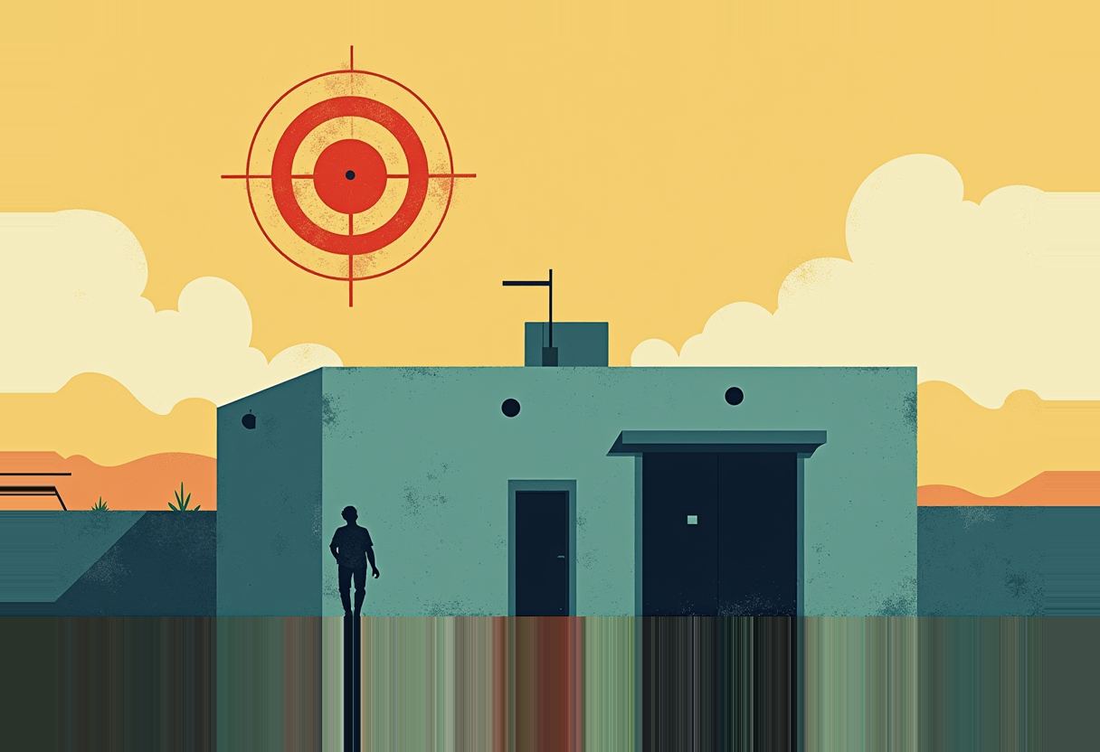 A red crosshair target hovers in a yellow sky above a teal building with a silhouetted figure standing beside its entrance.