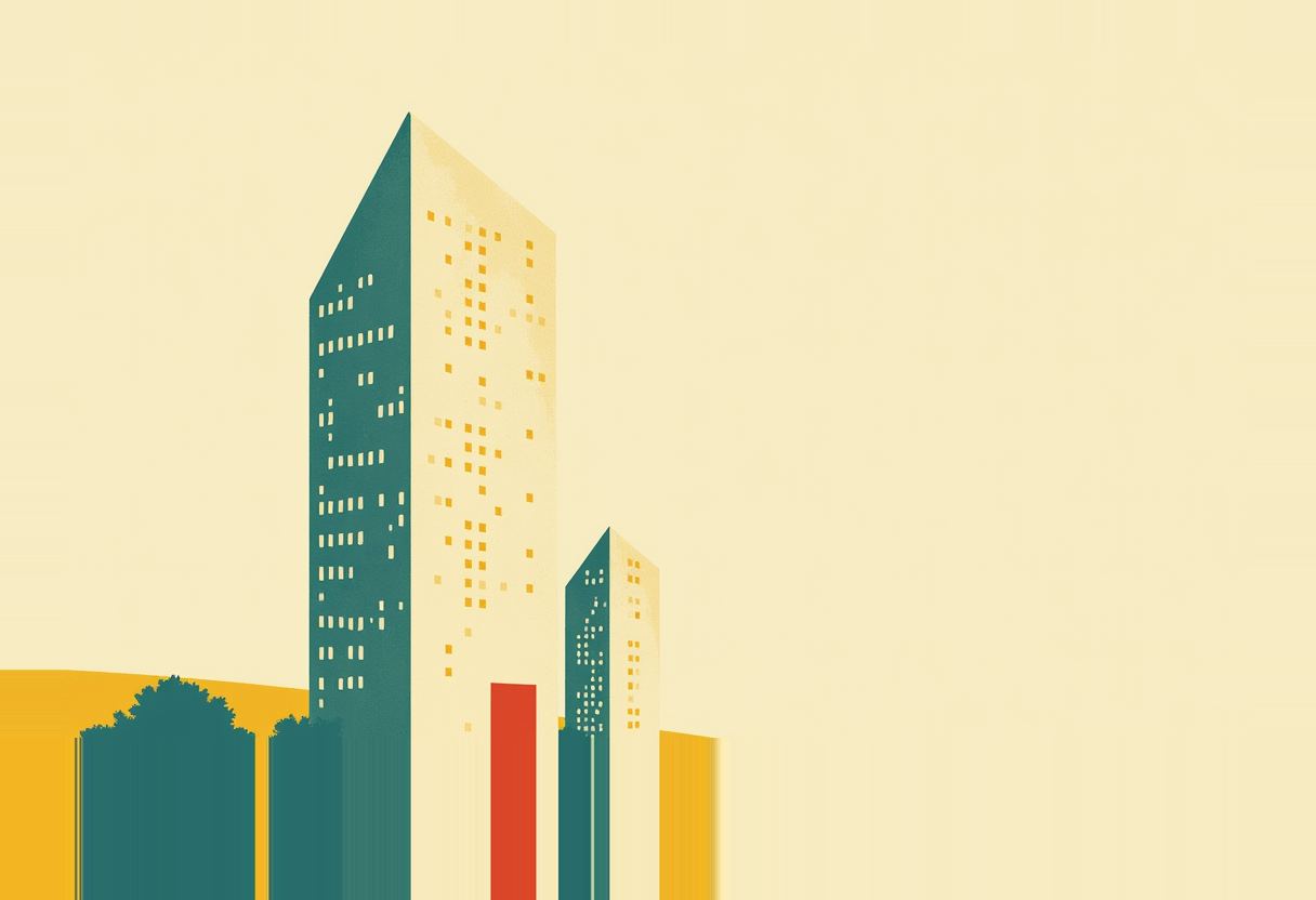 Two peaked skyscrapers in teal and cream with orange window squares, a red vertical stripe, trees, and a yellow hill on a pale yellow background.