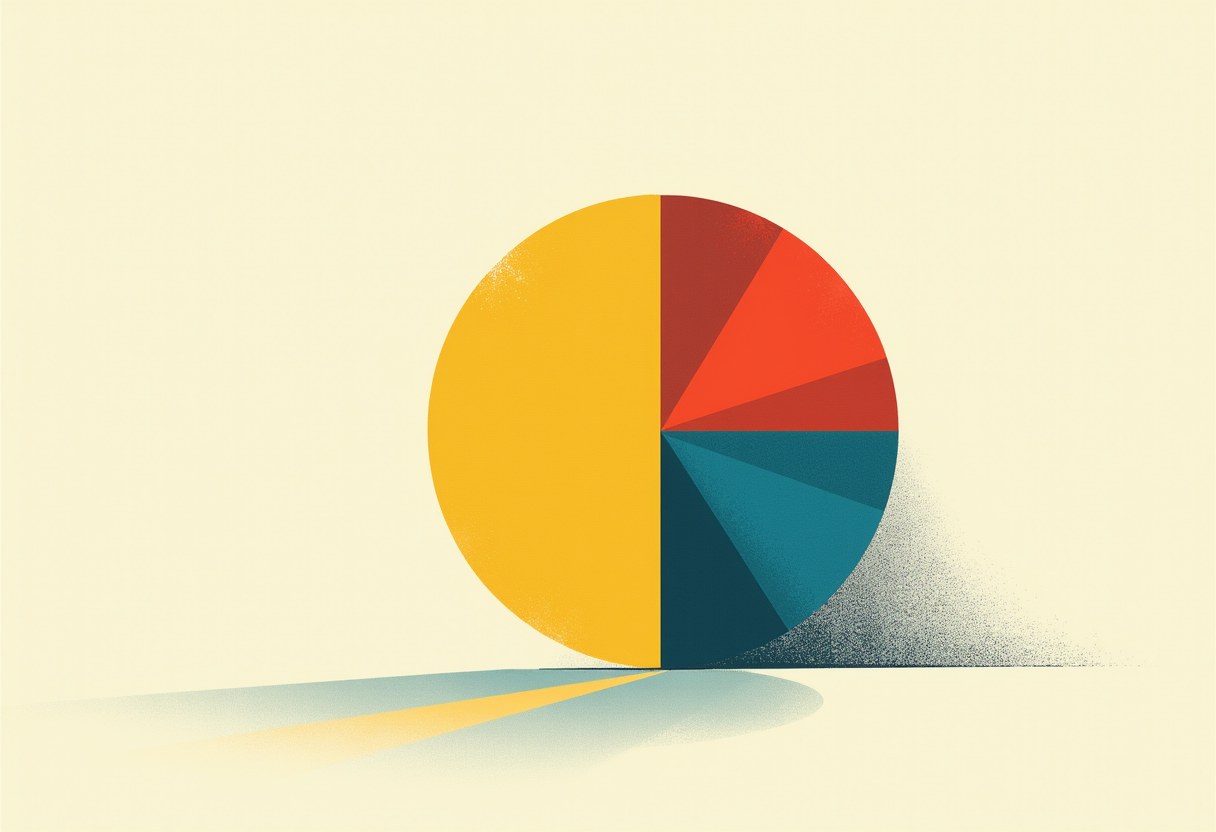 A circle split into one large yellow half and several smaller red and teal wedges, casting a long shadow on a pale yellow background.