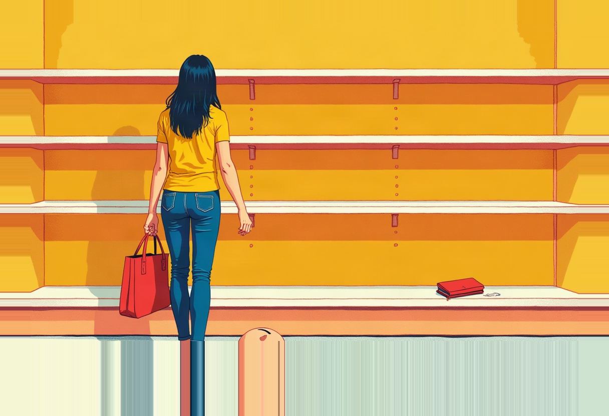 Illustration of a woman in a yellow shirt and blue jeans, seen from behind holding a red bag, facing empty orange store shelves with a wallet lying on the floor nearby.