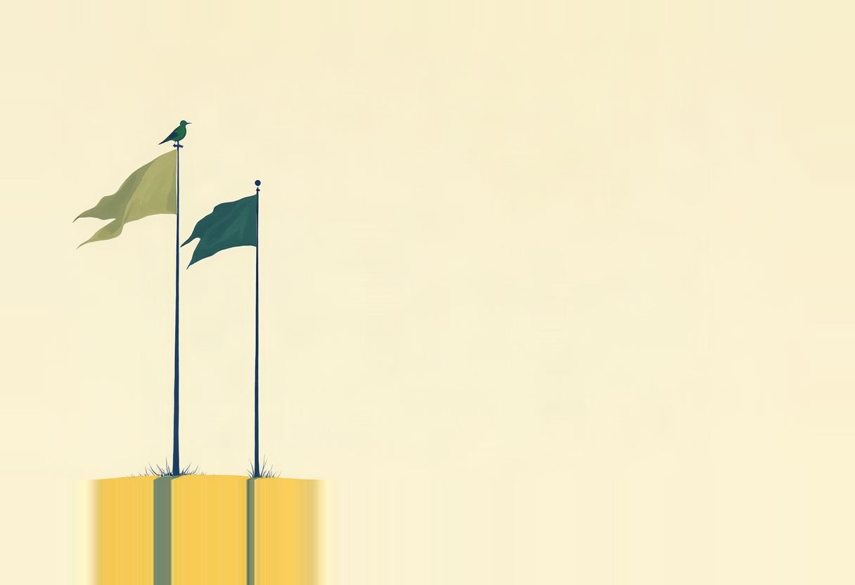A tall flagpole with an olive flag and a bird perched atop, beside a shorter pole with a dark teal flag, on a small hill against a pale yellow sky.