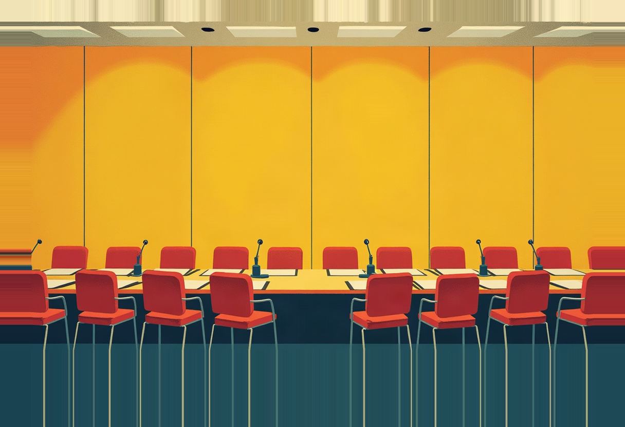 Empty red chairs with microphones line both sides of a long table with papers, set against a yellow-paneled wall.