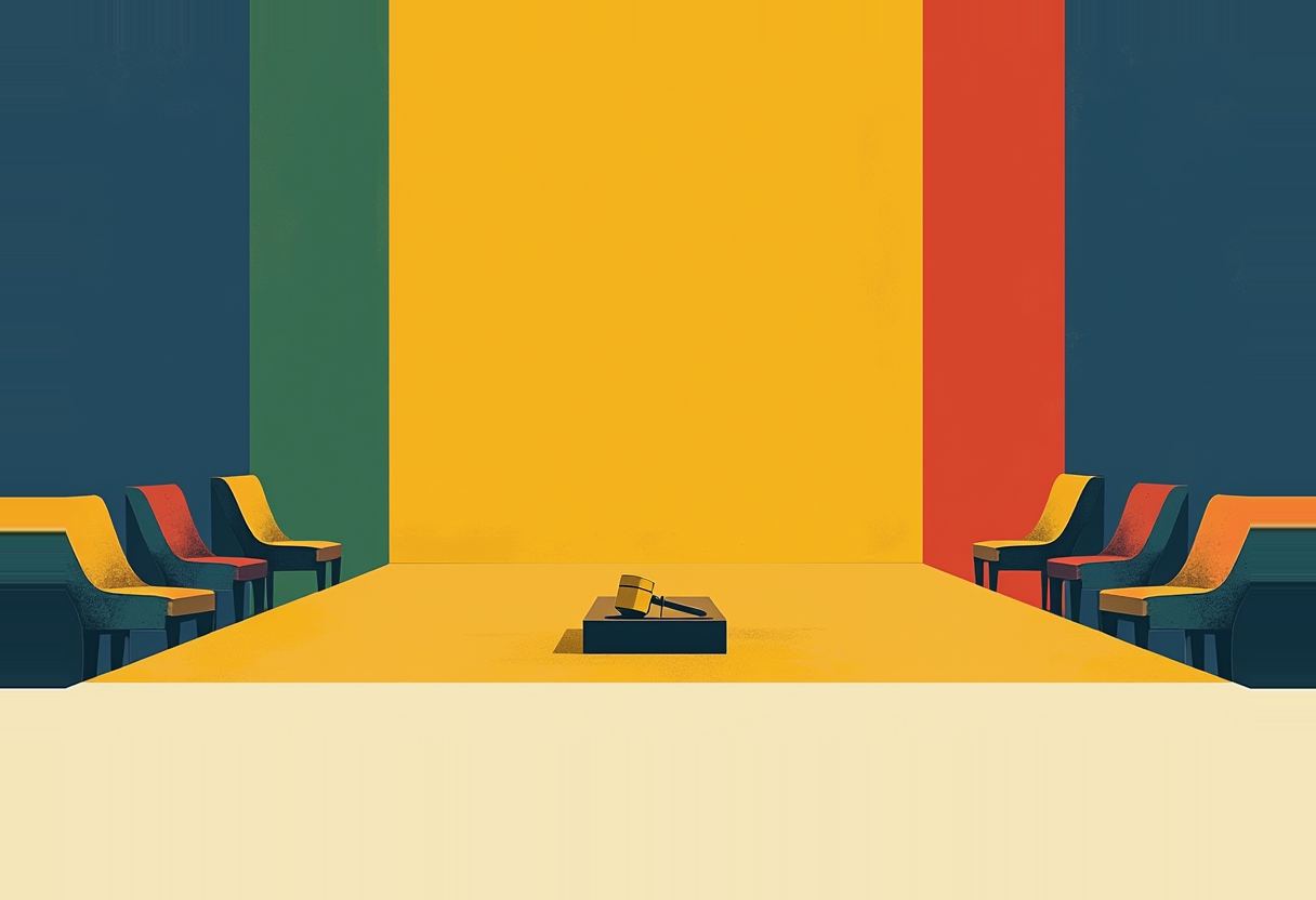 A gavel rests on a block at a long empty table with three chairs on each side, against a yellow, green, and red striped backdrop.