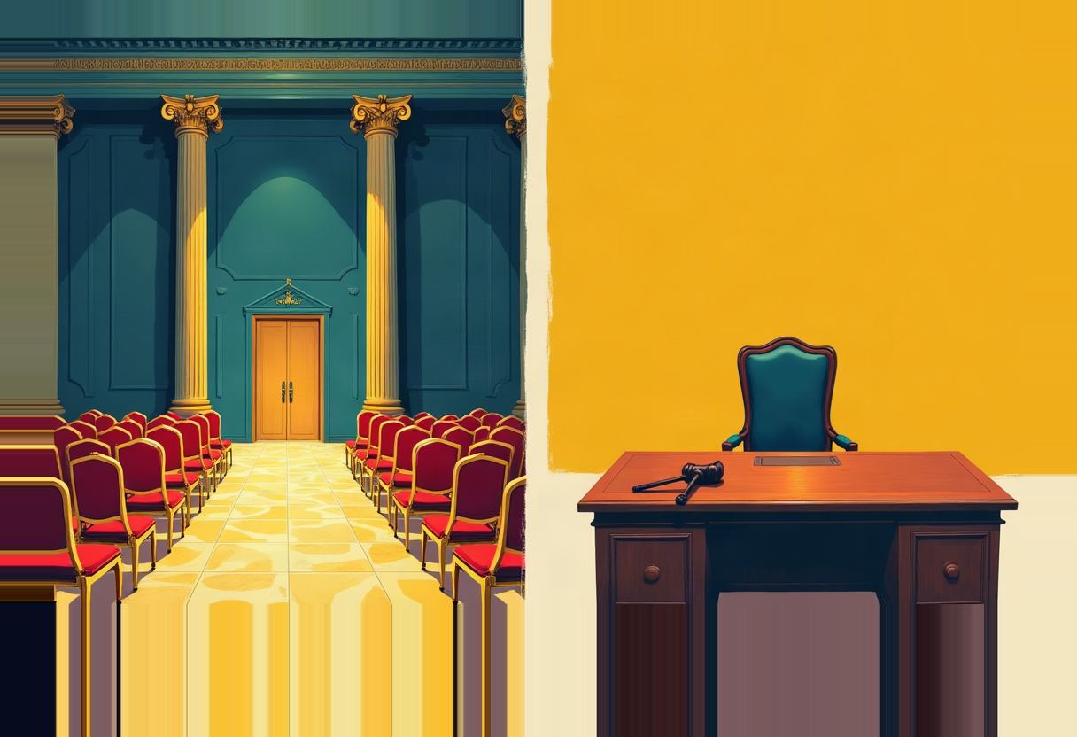 Split illustration: left, a columned hall with empty red-and-gold chairs lining a tiled aisle; right, an empty wooden desk with a gavel and a tall chair against a yellow wall.
