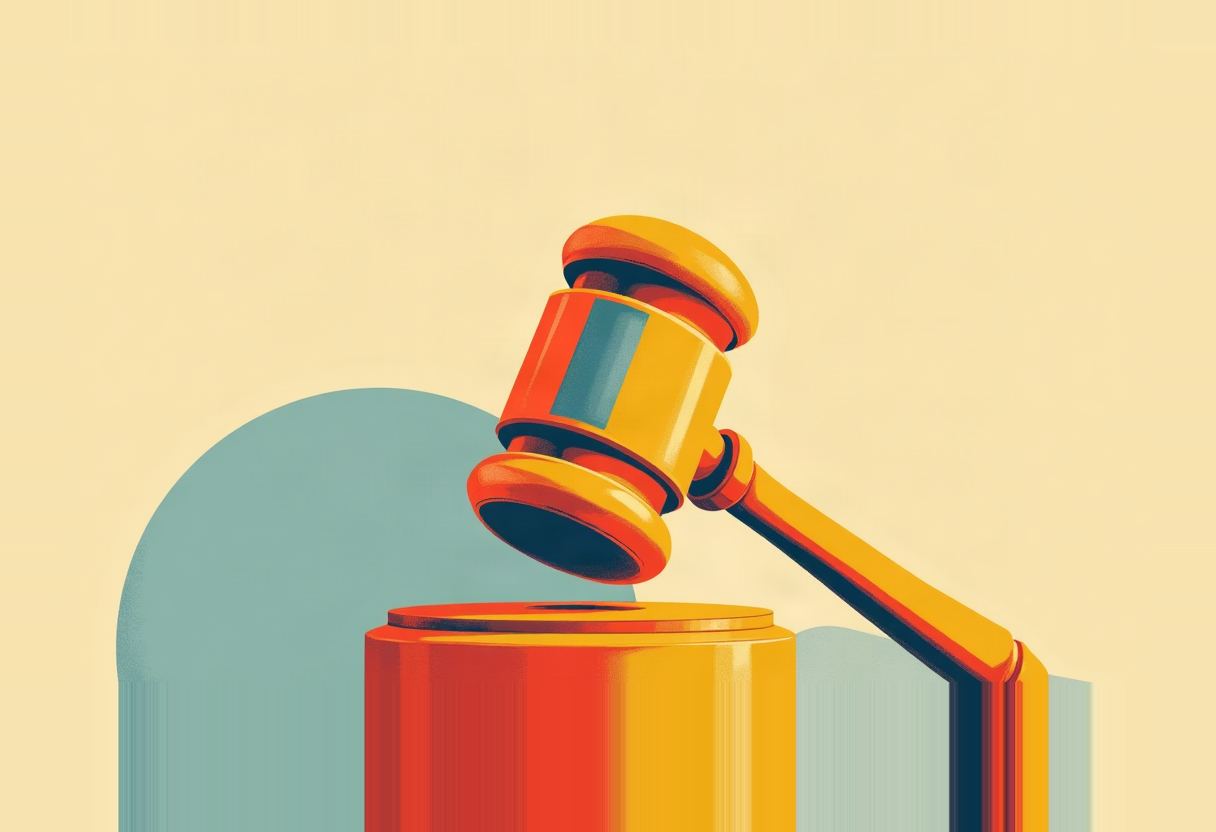 A yellow, orange, and blue illustrated gavel tilted above a round sound block, set against a pale yellow background with a soft teal circle.
