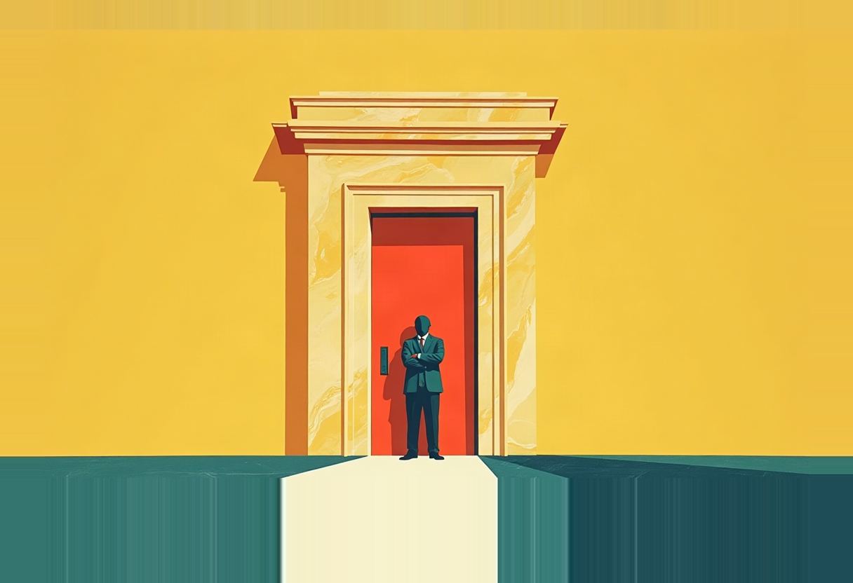 A faceless figure in a dark suit stands with arms crossed in front of a closed red door set in a marble archway, against a yellow wall and teal floor.