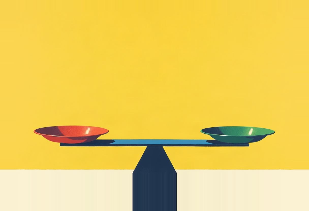 A red bowl and a green bowl balance level on a blue seesaw beam atop a dark pedestal, against a solid yellow background.