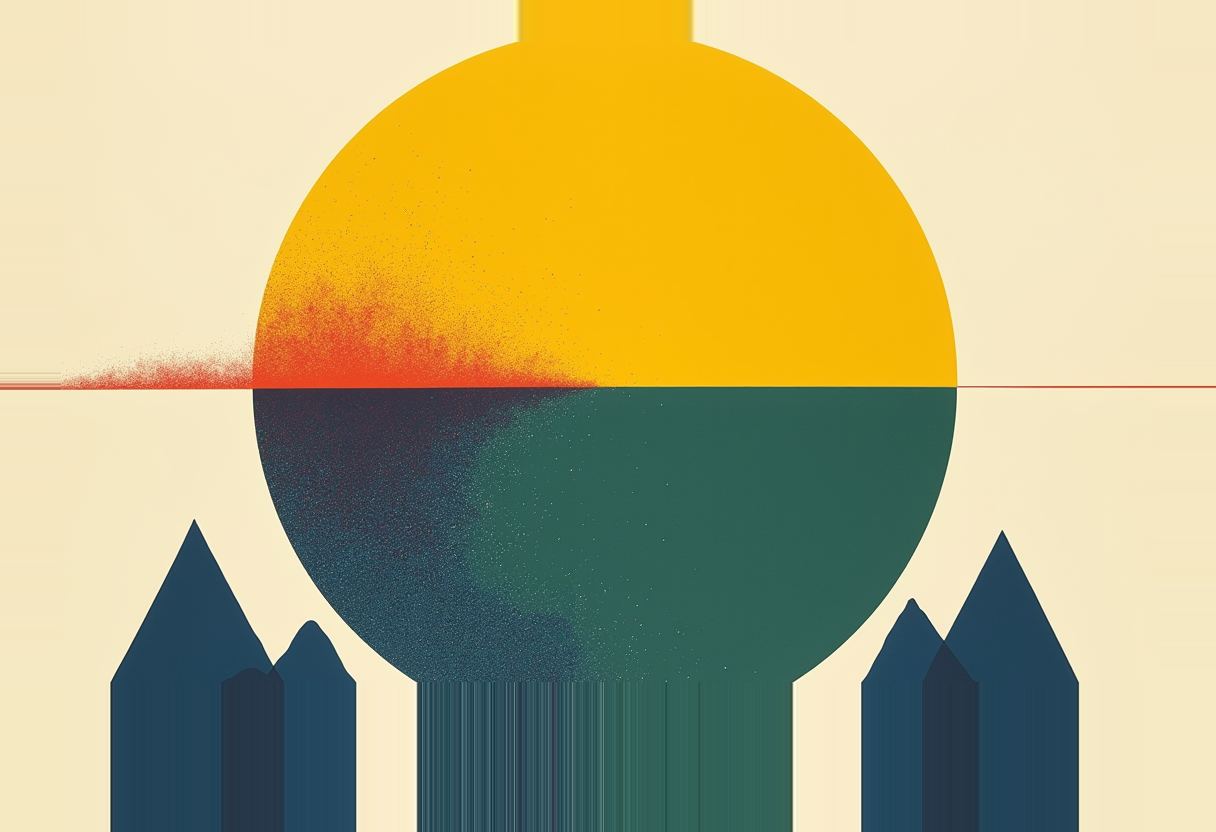 A circle split yellow on top and dark teal below by a red horizontal line, flanked by four dark blue triangular peaks, on a cream background.