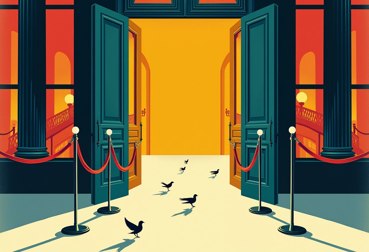 Illustration of dark silhouetted birds walking across a pale floor through open teal double doors flanked by red velvet stanchion ropes, with a glowing orange doorway beyond.