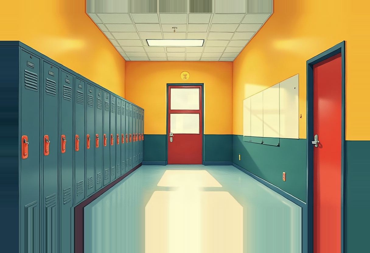 An empty school hallway with teal lockers on the left, an orange door and whiteboard on the right, a red door ahead, and yellow-orange walls above teal-green wainscoting.