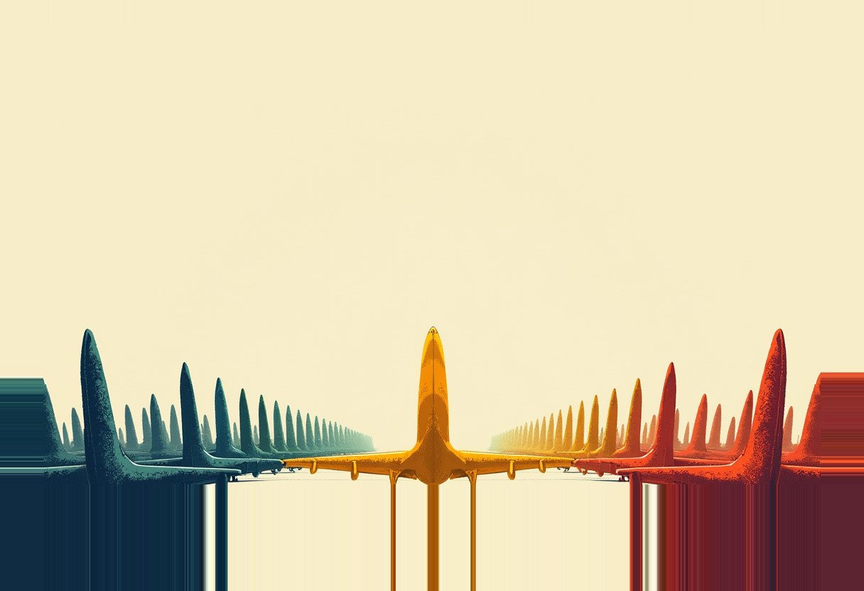 Rows of receding airplanes seen head-on fan out left and right in dark teal and red, converging on one larger yellow-orange plane at the center, against a pale cream background.