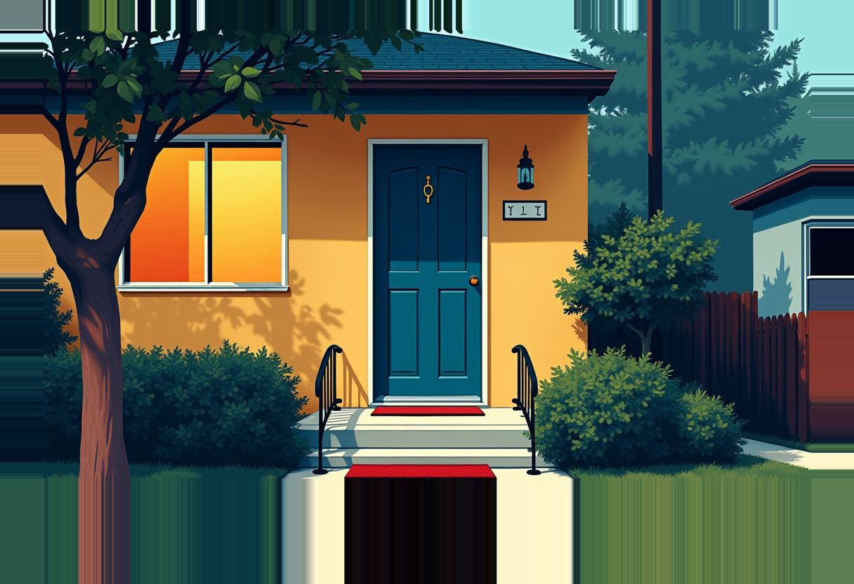 Illustration of an orange house with a teal front door, red welcome mat on white steps, a tree and bushes out front, and a fence beside a neighboring house.