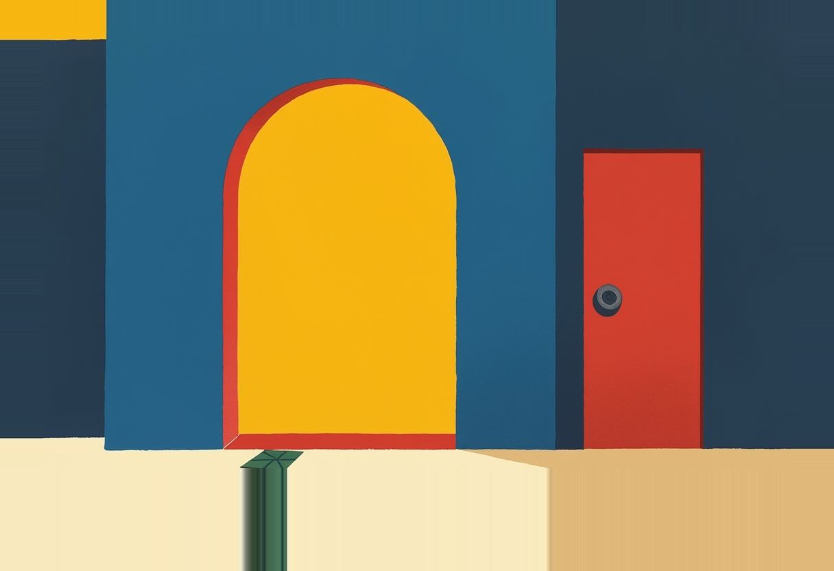 A flat-style illustration of a dark blue building with a solid yellow arched doorway outlined in red, beside a closed red door with a round knob, on a tan street.