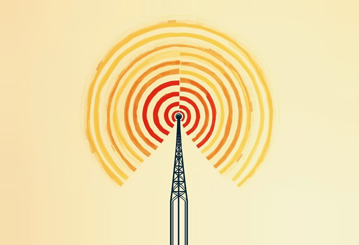 A dark broadcast tower emits concentric semicircular waves that shift from red at the center to orange and yellow outward, against a pale cream background.