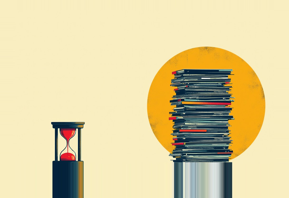 A dark hourglass with red sand sits on a pedestal beside a tall stack of files and folders on a taller pedestal, in front of an orange circle, on a pale yellow background.