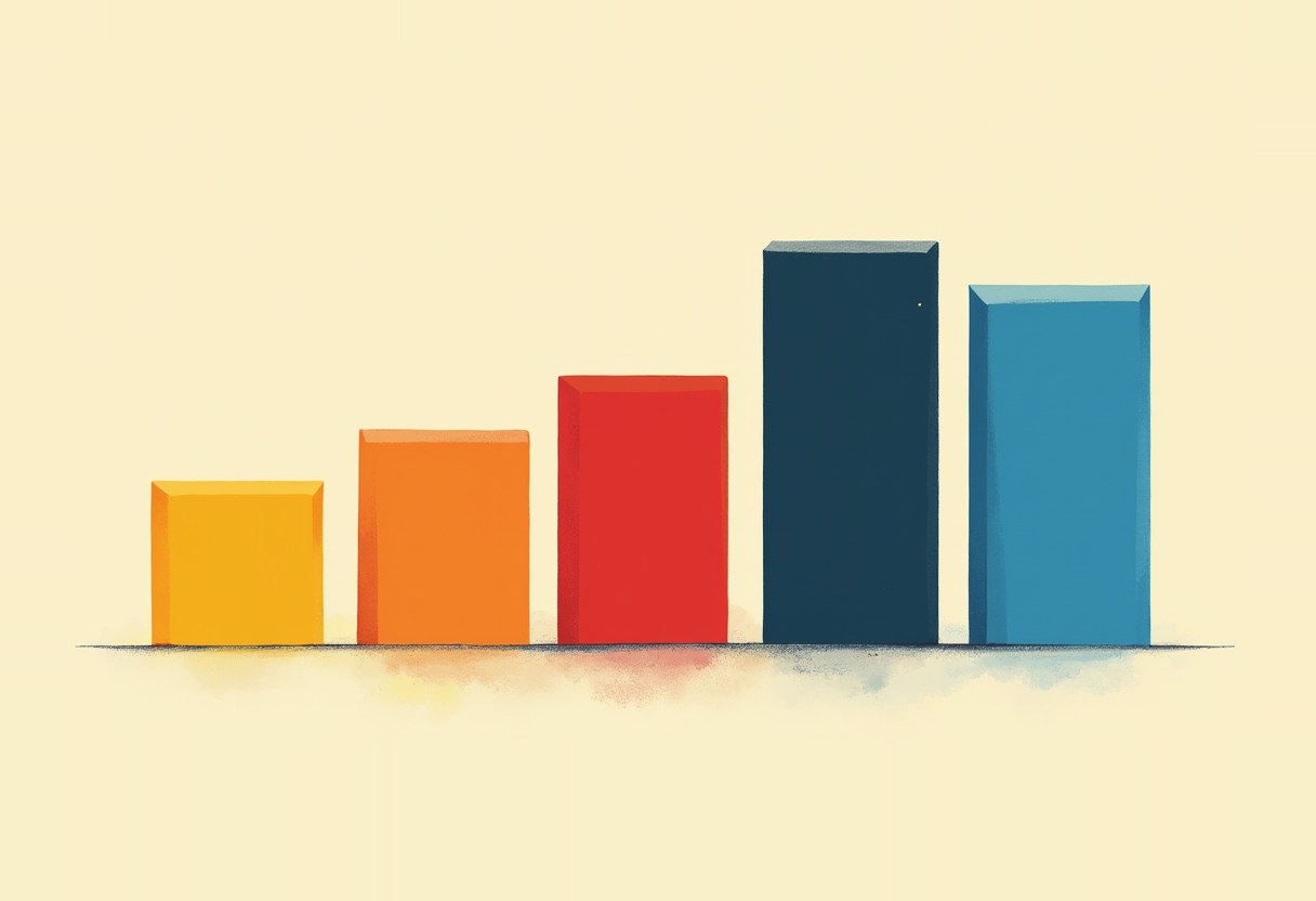 Five bar-chart columns rising left to right in yellow, orange, red, dark navy, and blue, on a pale cream background.