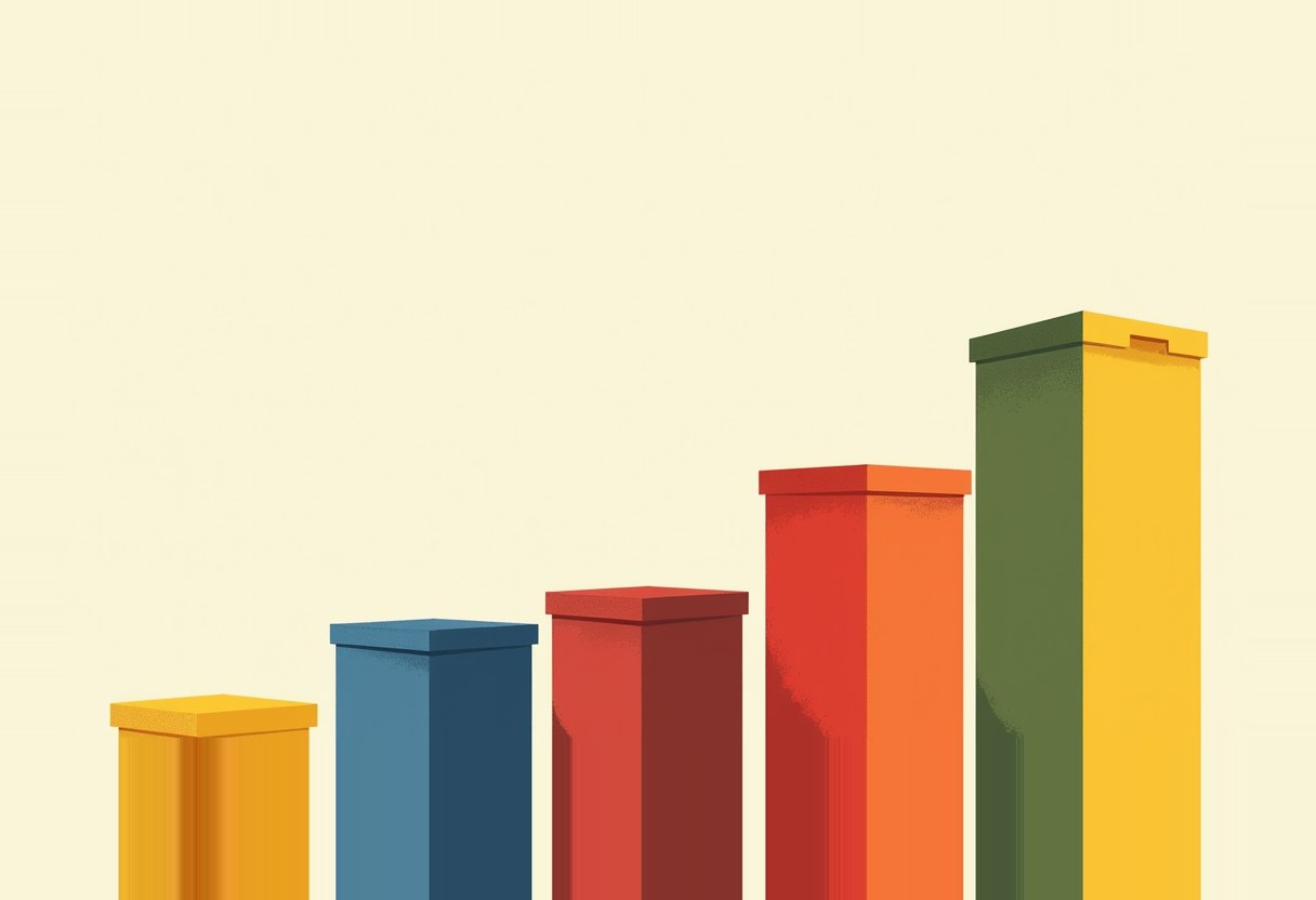 Five rectangular pillars of increasing height, colored yellow, blue, red, orange, and green-yellow, arranged left to right like a bar chart on a cream background.